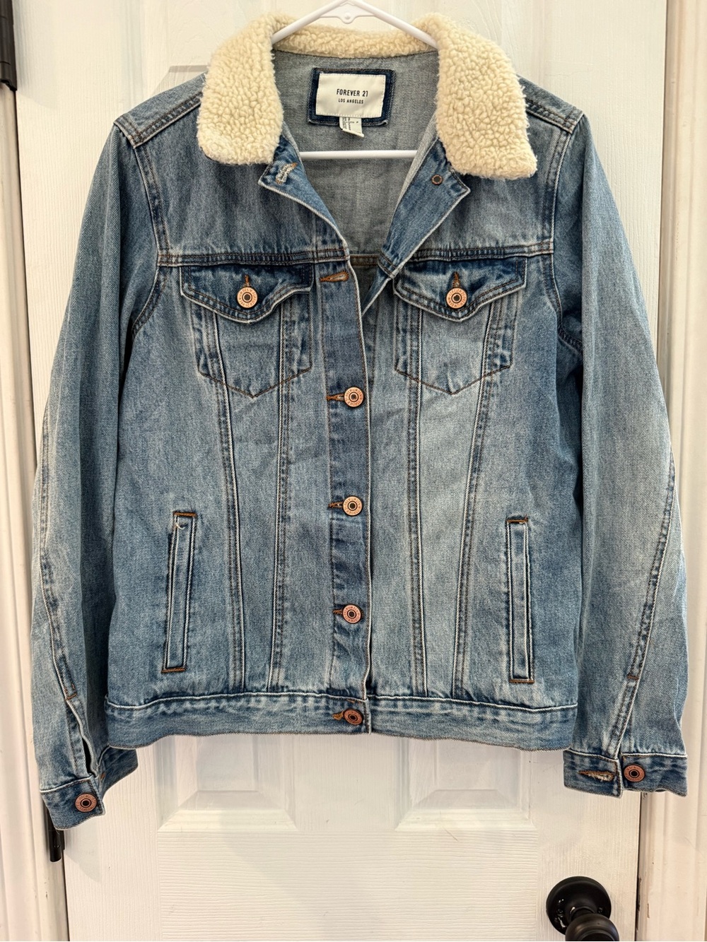 Forever 21 Light Wash Denim Jacket with Cream Sherpa Collar